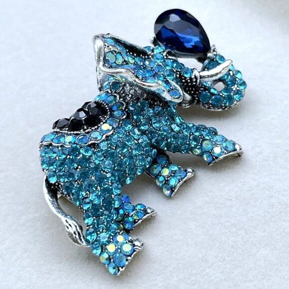Silver with Blue Sapphire Black Onyx and AB Crystal Elephant Pin Back Brooch - Picture 5 of 10